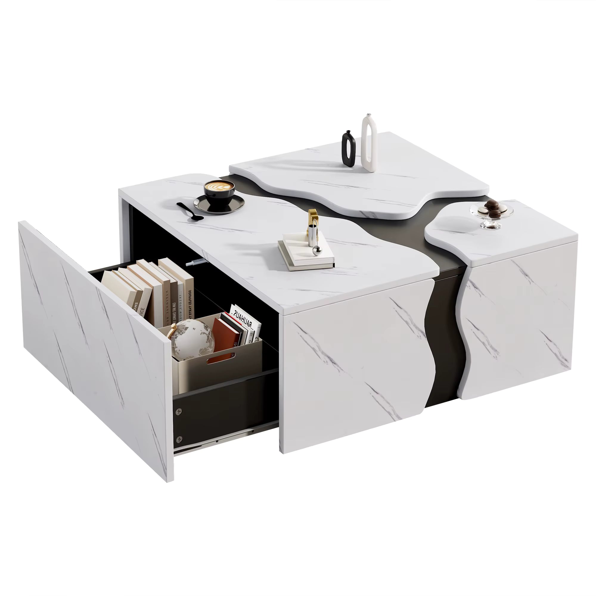 Table Basse Design Géométrique Effet Marbre Blanc