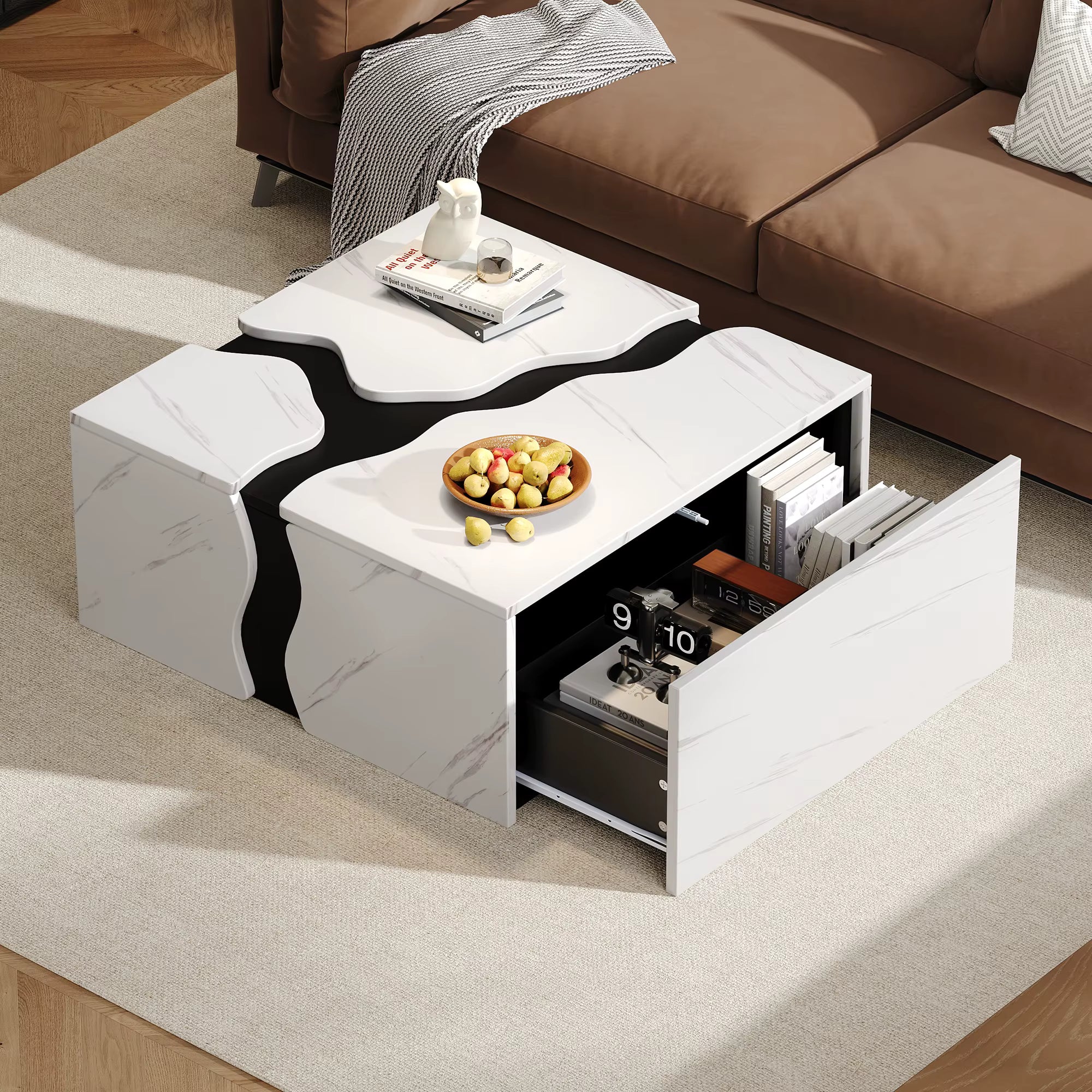 Table Basse Design Géométrique Effet Marbre Blanc