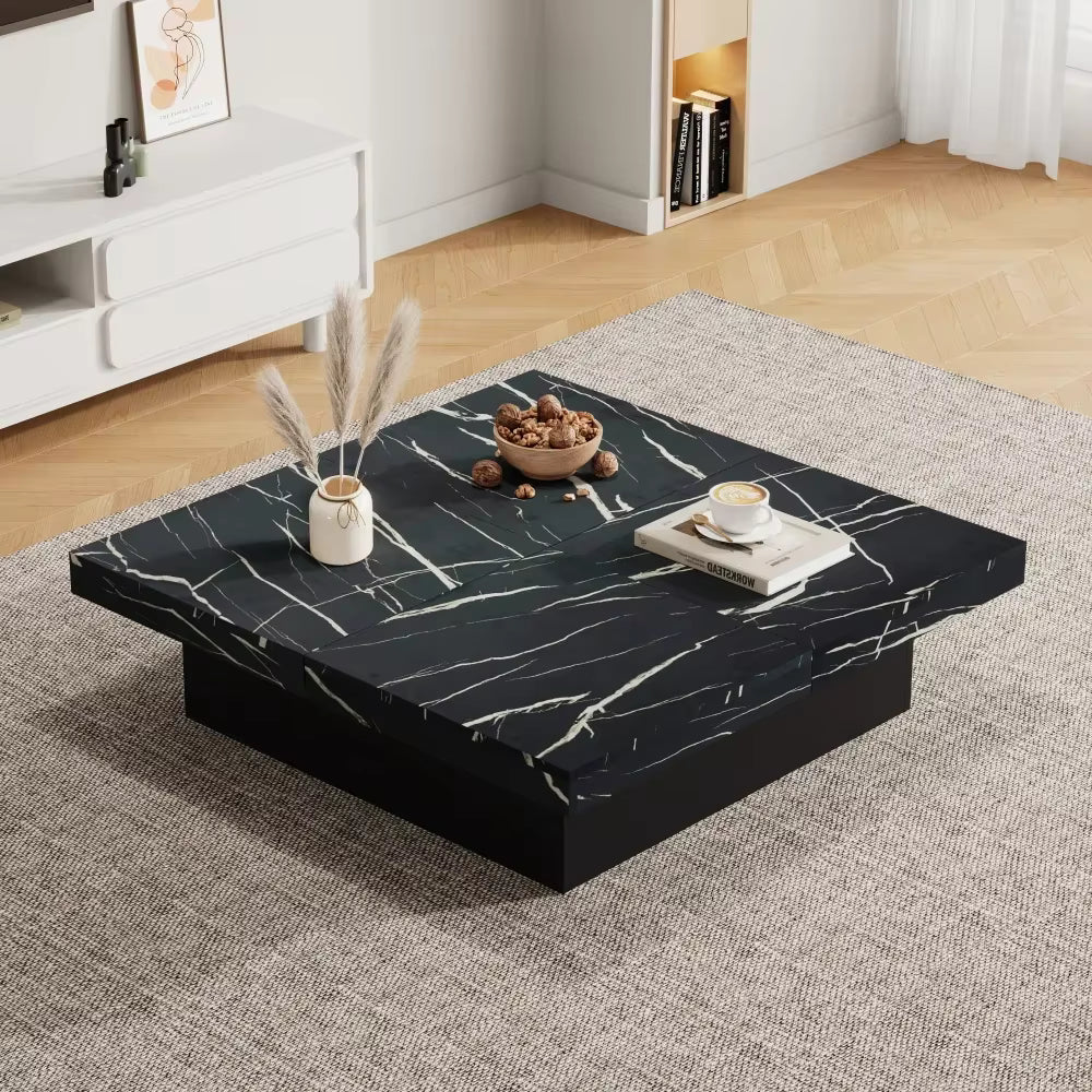 Table Basse Carrée Design Noir Effet Marbre