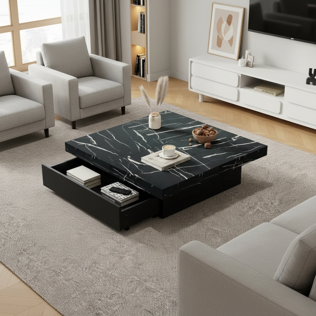 Table Basse Carrée Design Noir Effet Marbre