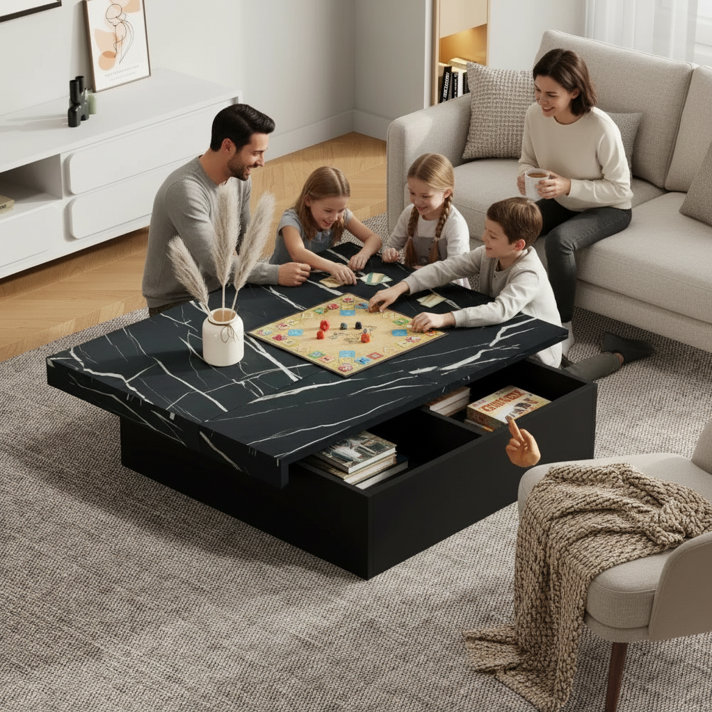 Table Basse Carrée Design Noir Effet Marbre