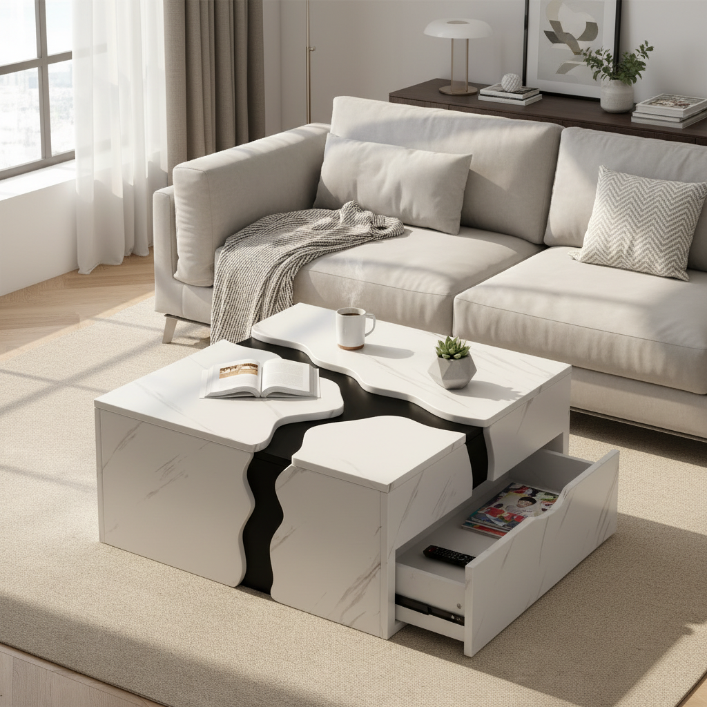 Table Basse Design Géométrique Effet Marbre Blanc