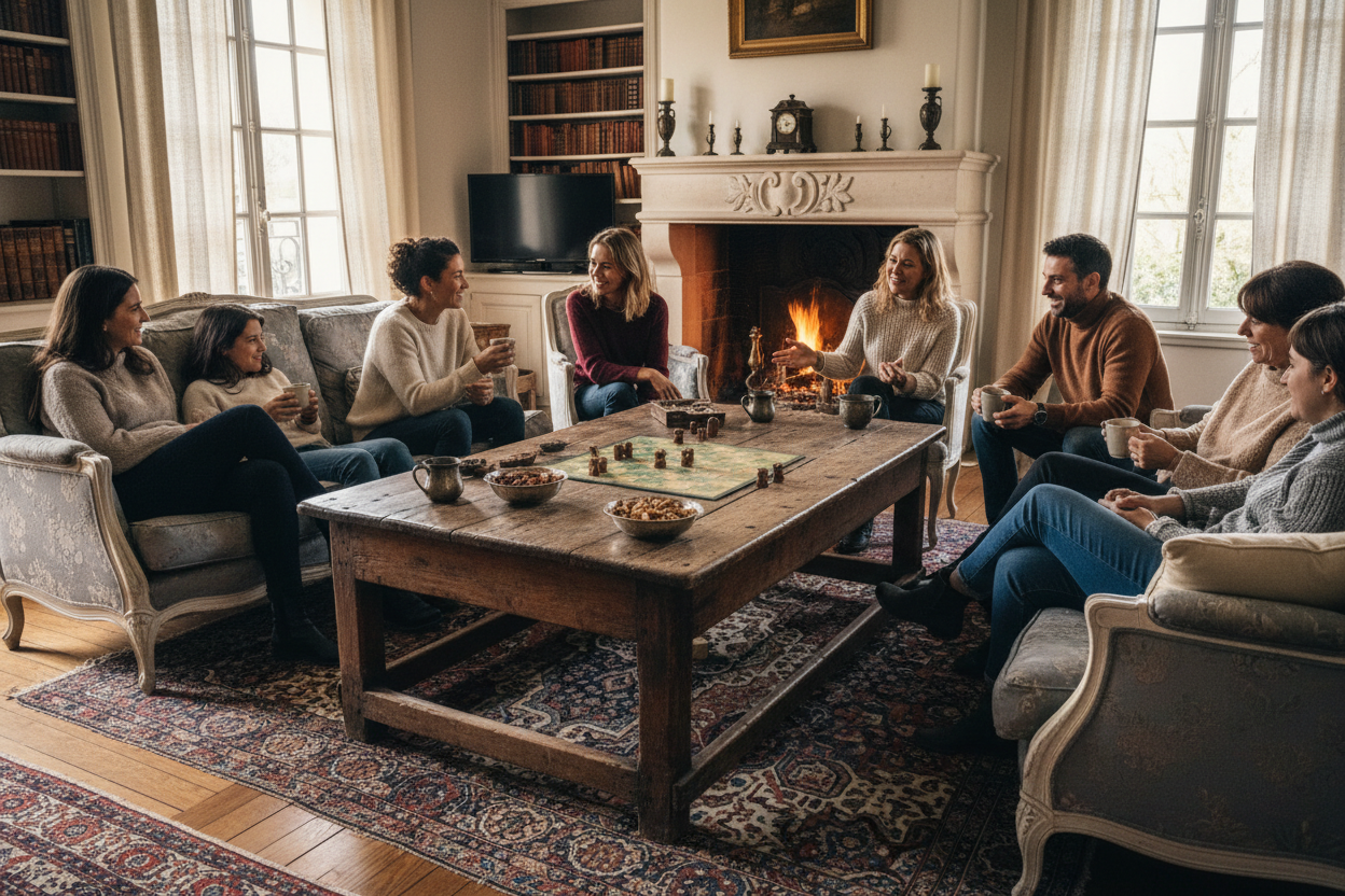 un peux plus vieux la tables basse  avec des persone autour 